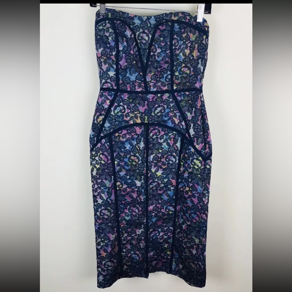 Nicole Miller Dress 2 Womens  Blue Pink Floral Lace Strapless Bodycon Colorful